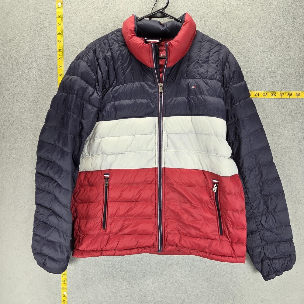 Tommy Hilfiger Jacket Mens Large Red Natural Down Packable Puffer Blue White